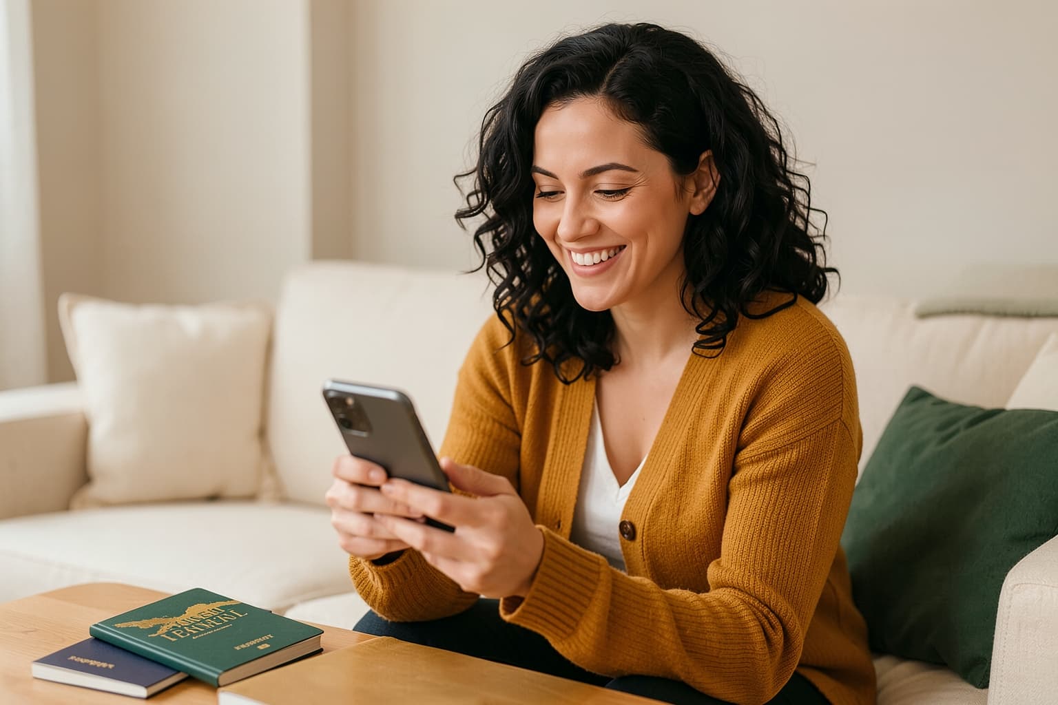 A woman reading good news on her phone at home