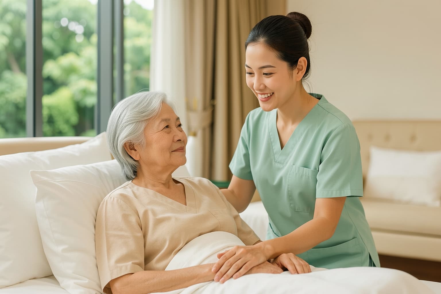 A nurse checking on a patient in a bright recovery suite