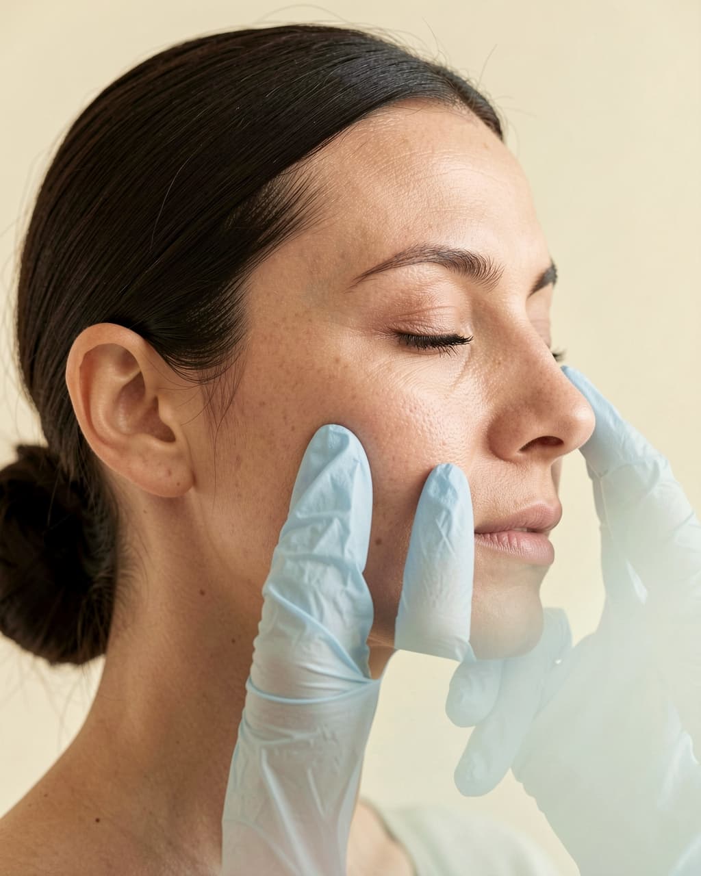 A surgeon's gloved hand assessing a woman's cheekbone and nose