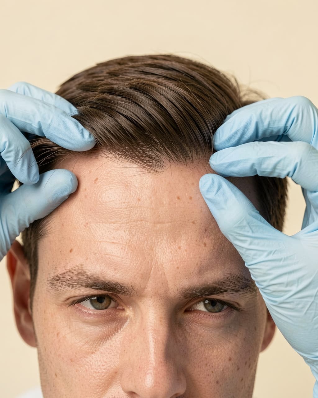 Gloved hands examining a man's hairline
