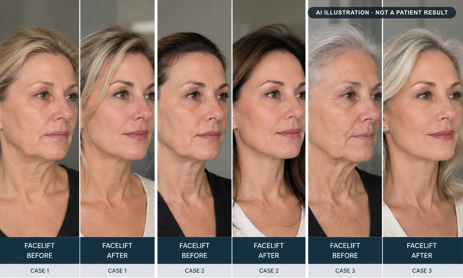 Facelift: AI-generated illustration of a typical before and after, not a patient result