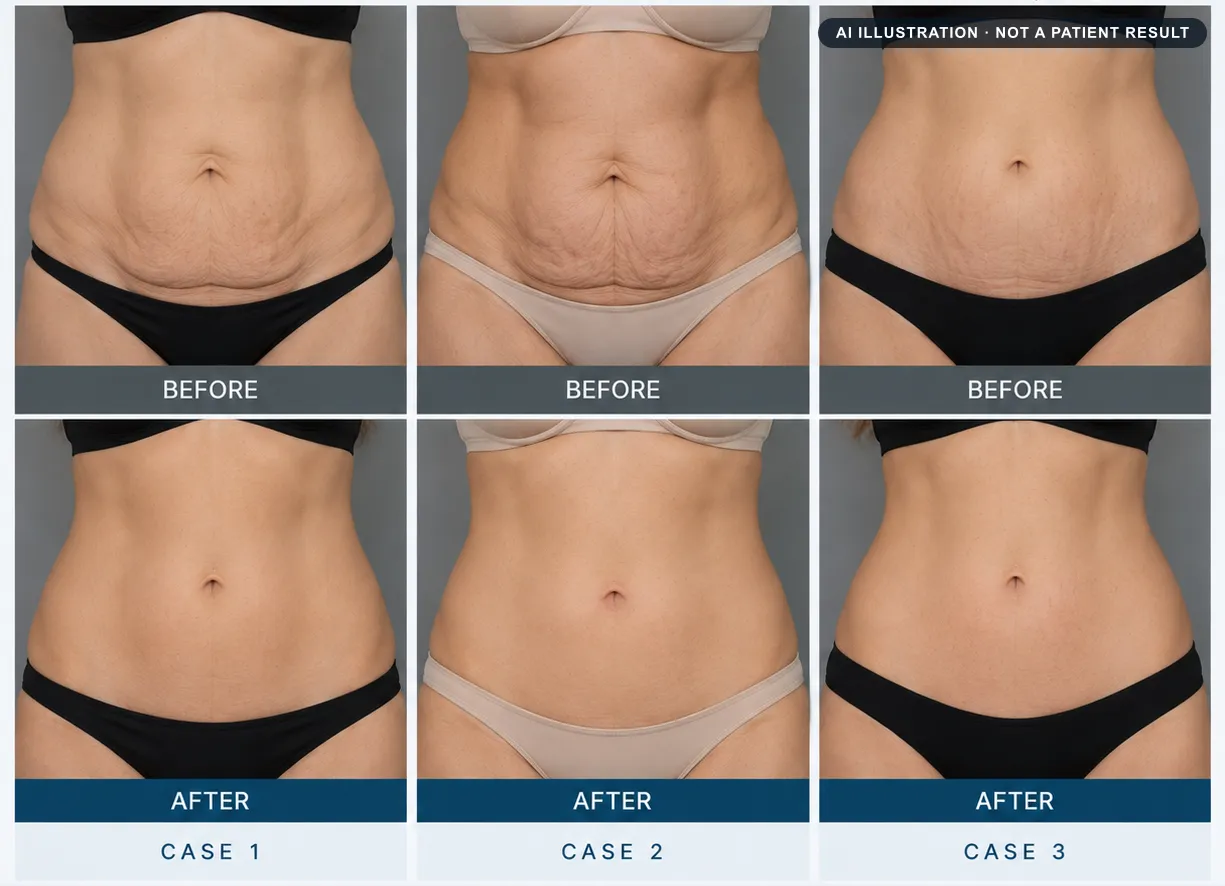 Tummy tuck: AI-generated illustration of a typical before and after, not a patient result