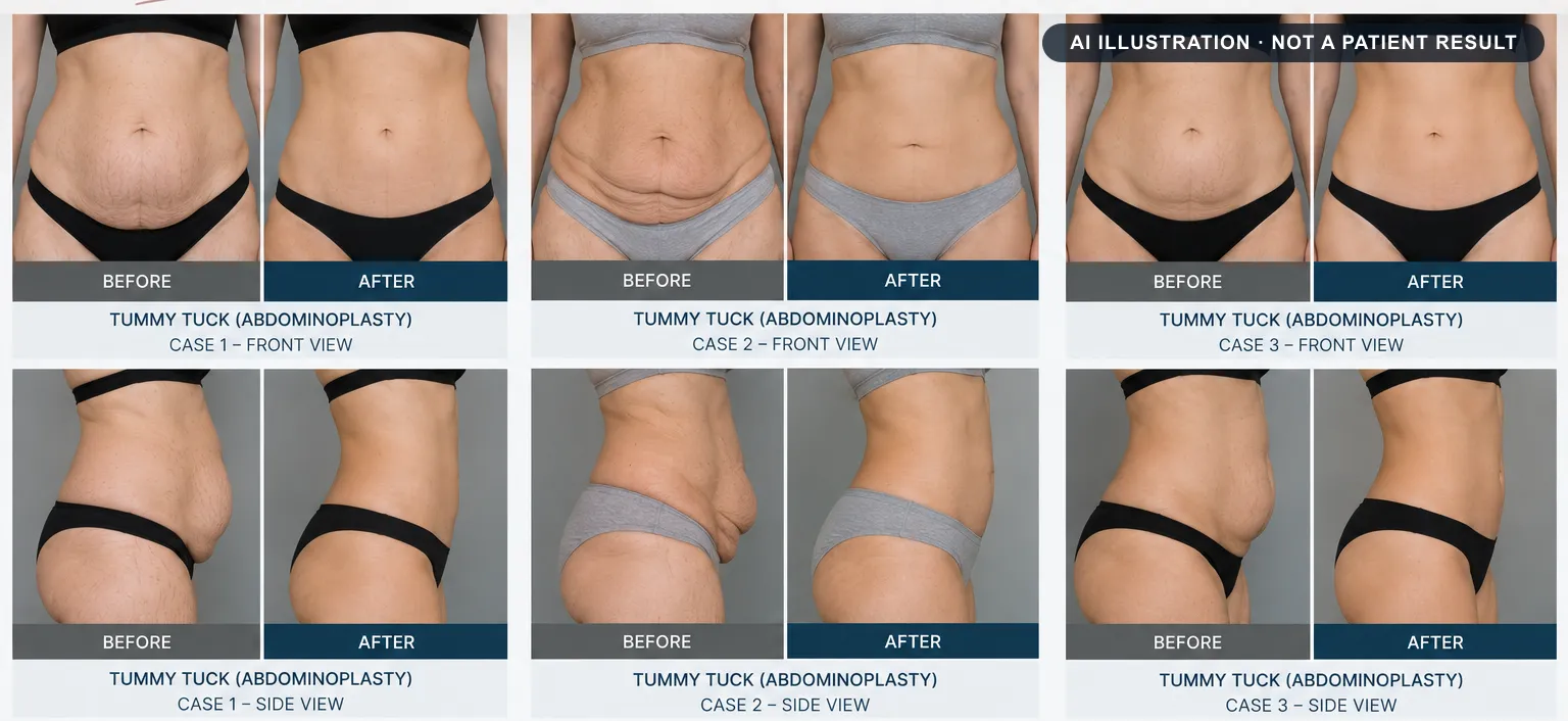 Tummy tuck: AI-generated illustration of a typical before and after, not a patient result