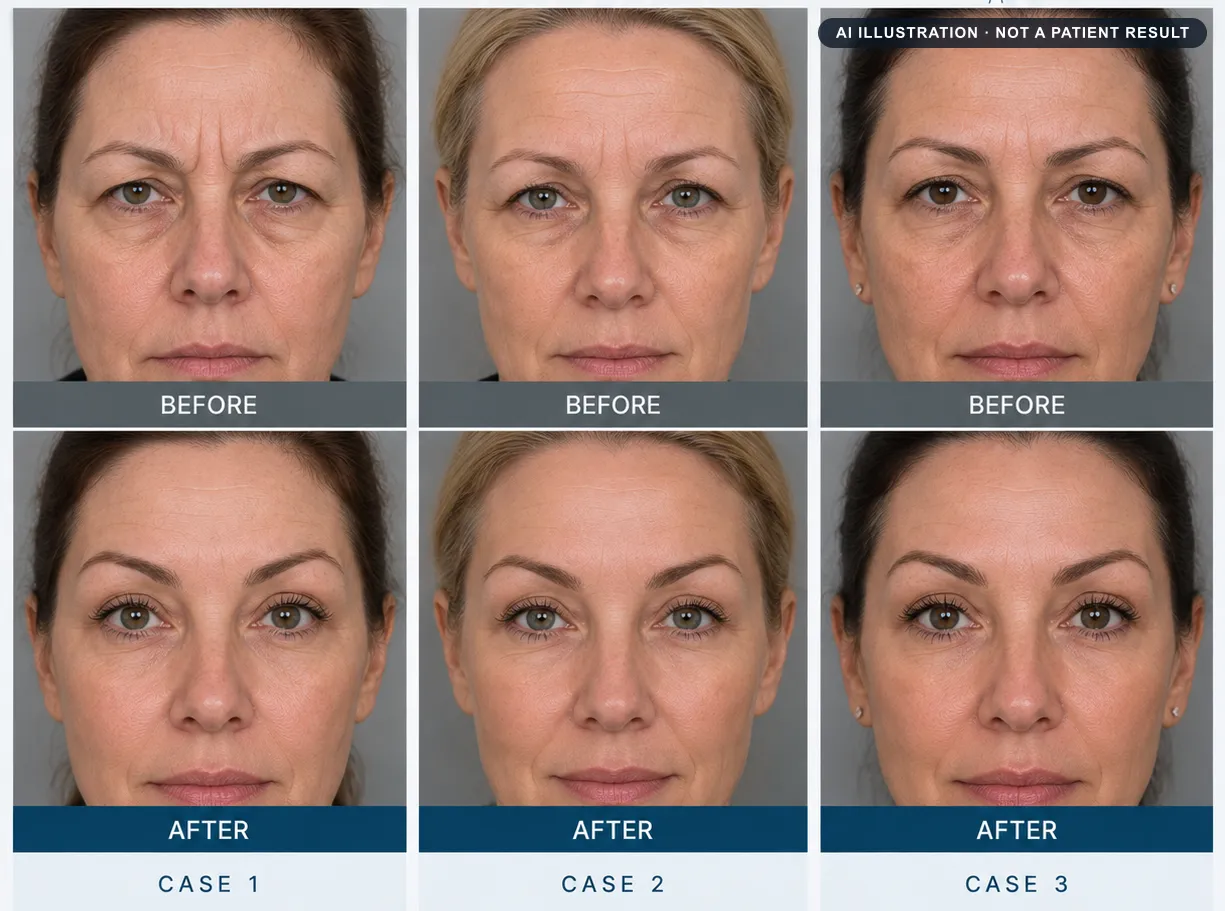 Brow lift: AI-generated illustration of a typical before and after, not a patient result