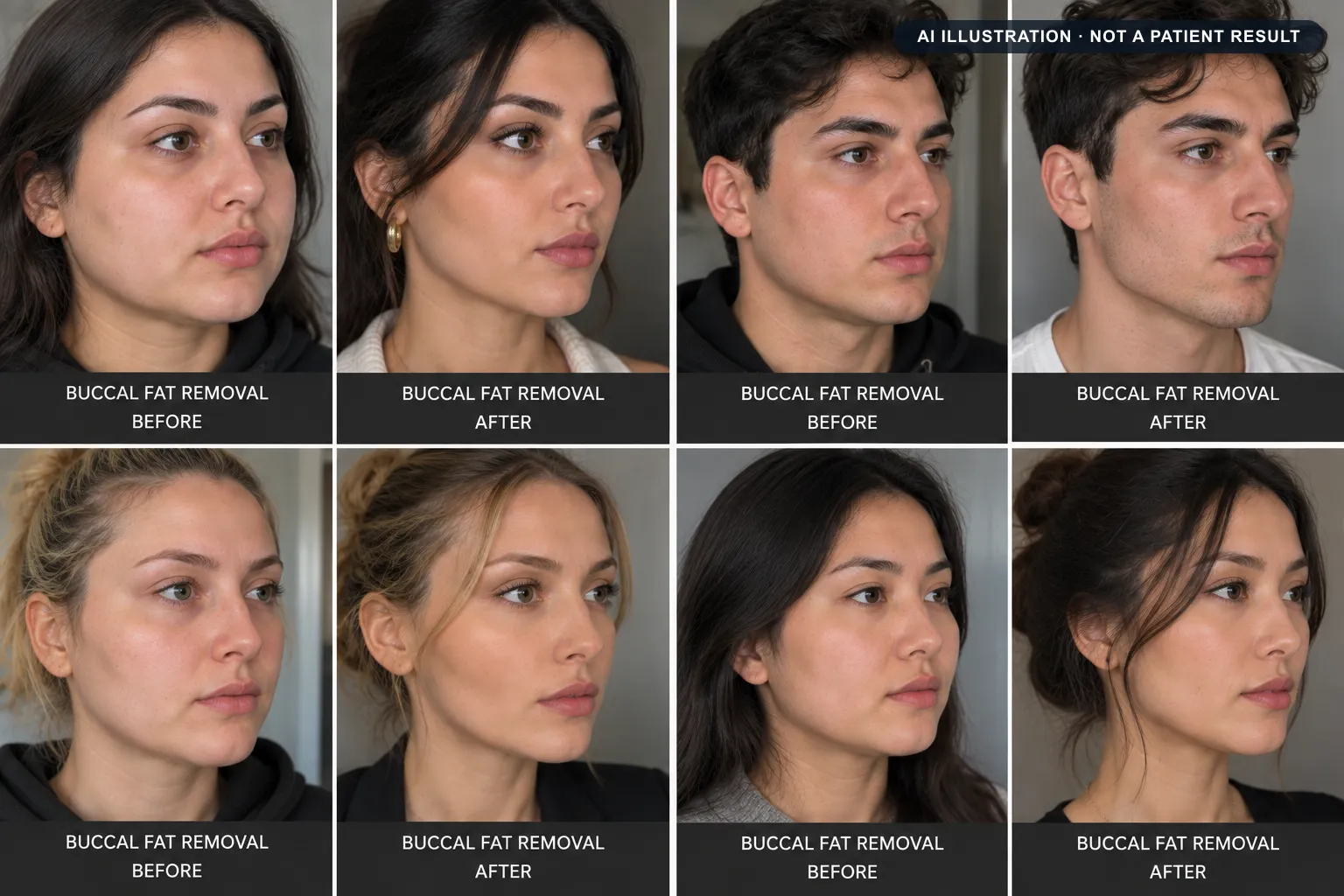 Buccal fat removal: AI-generated illustration of a typical before and after, not a patient result