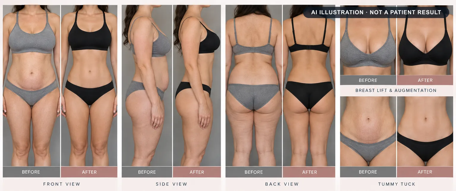 Mommy makeover: AI-generated illustration of a typical before and after, not a patient result