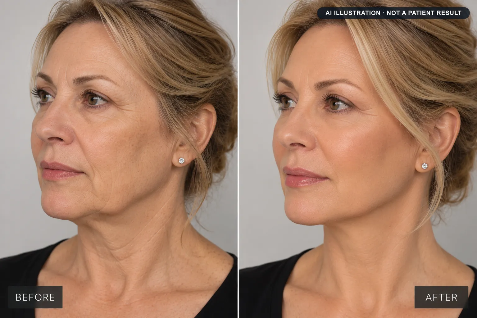 Facelift: AI-generated illustration of a typical before and after, not a patient result