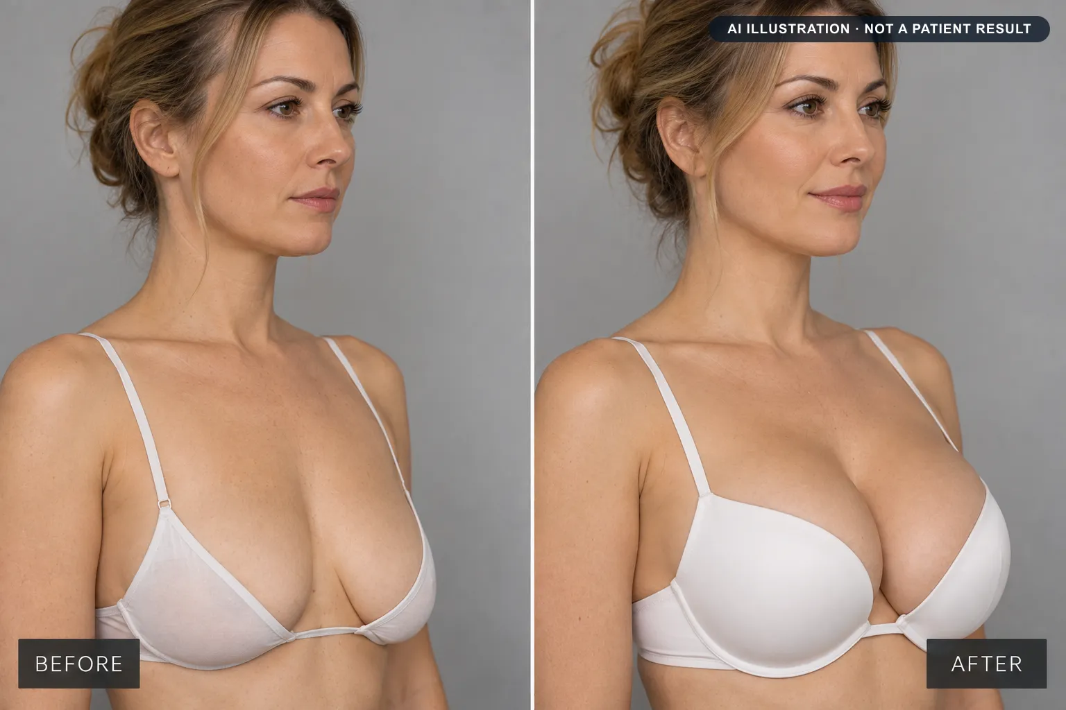 Breast augmentation: AI-generated illustration of a typical before and after, not a patient result