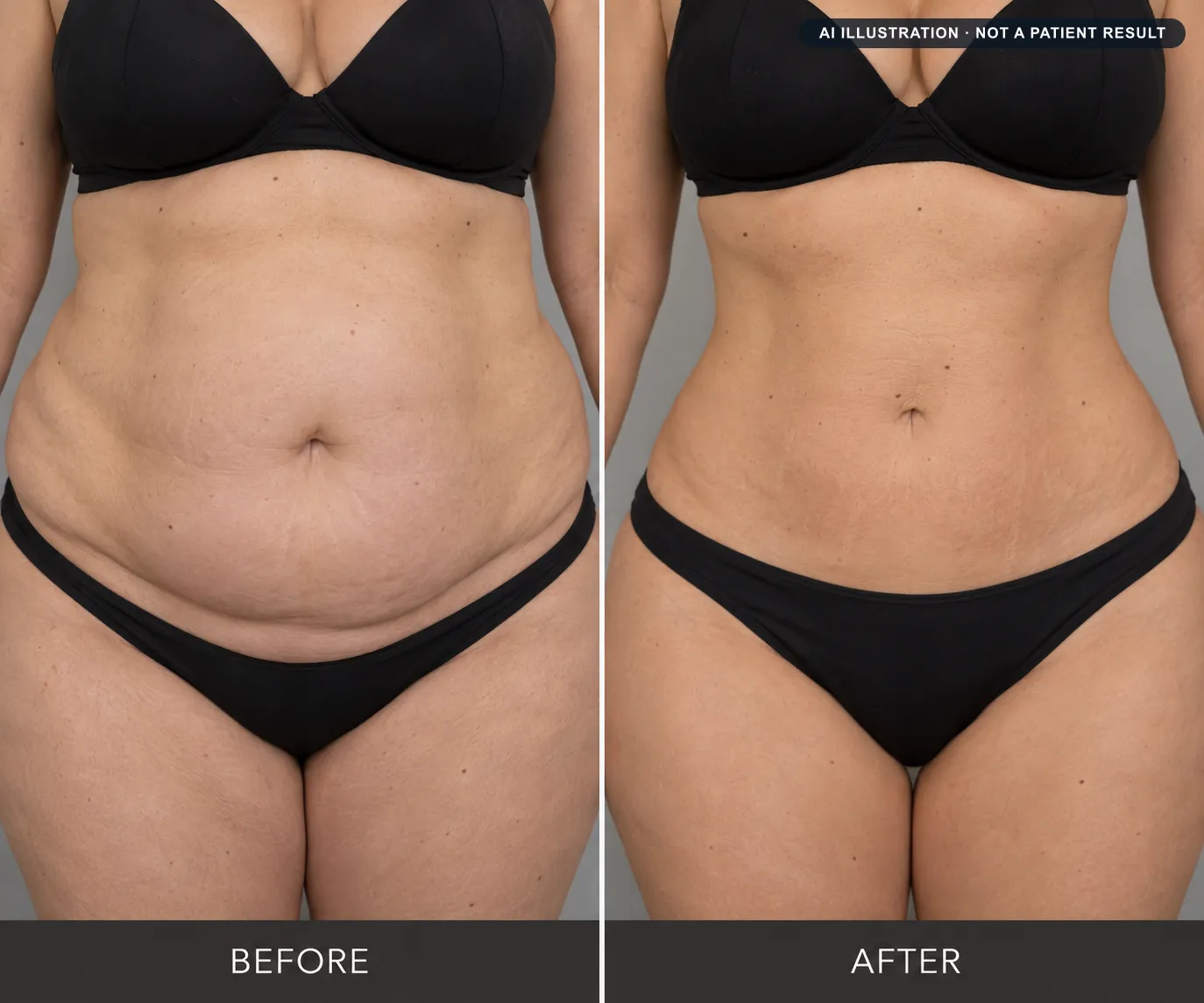 Liposuction: AI-generated illustration of a typical before and after, not a patient result