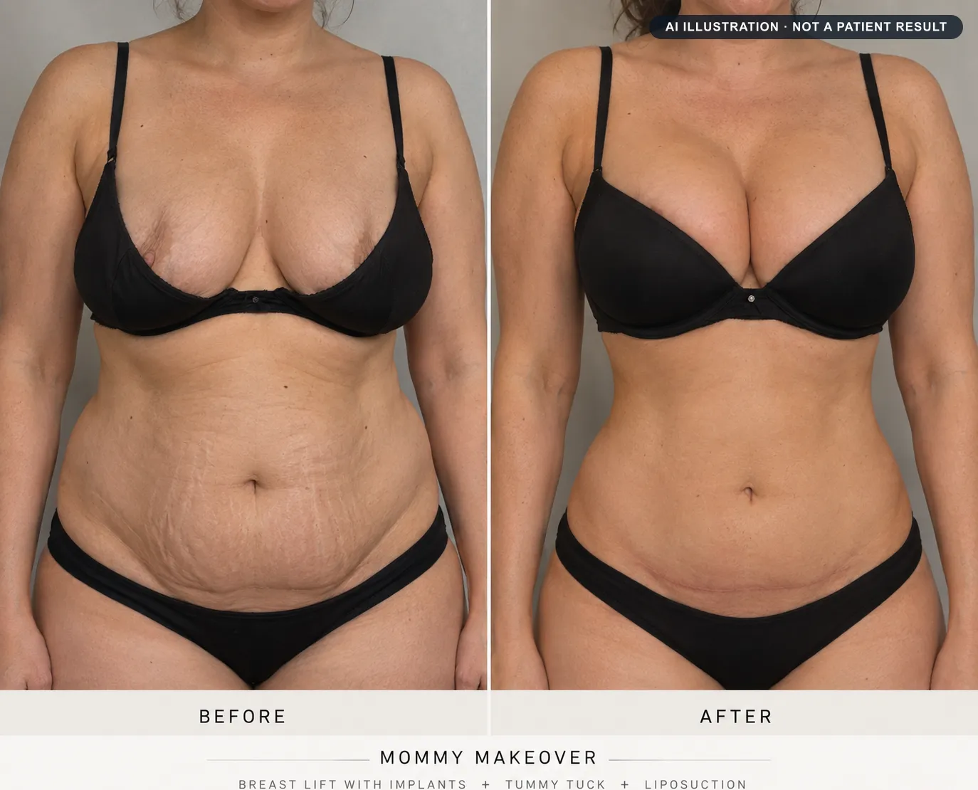 Mommy makeover: AI-generated illustration of a typical before and after, not a patient result