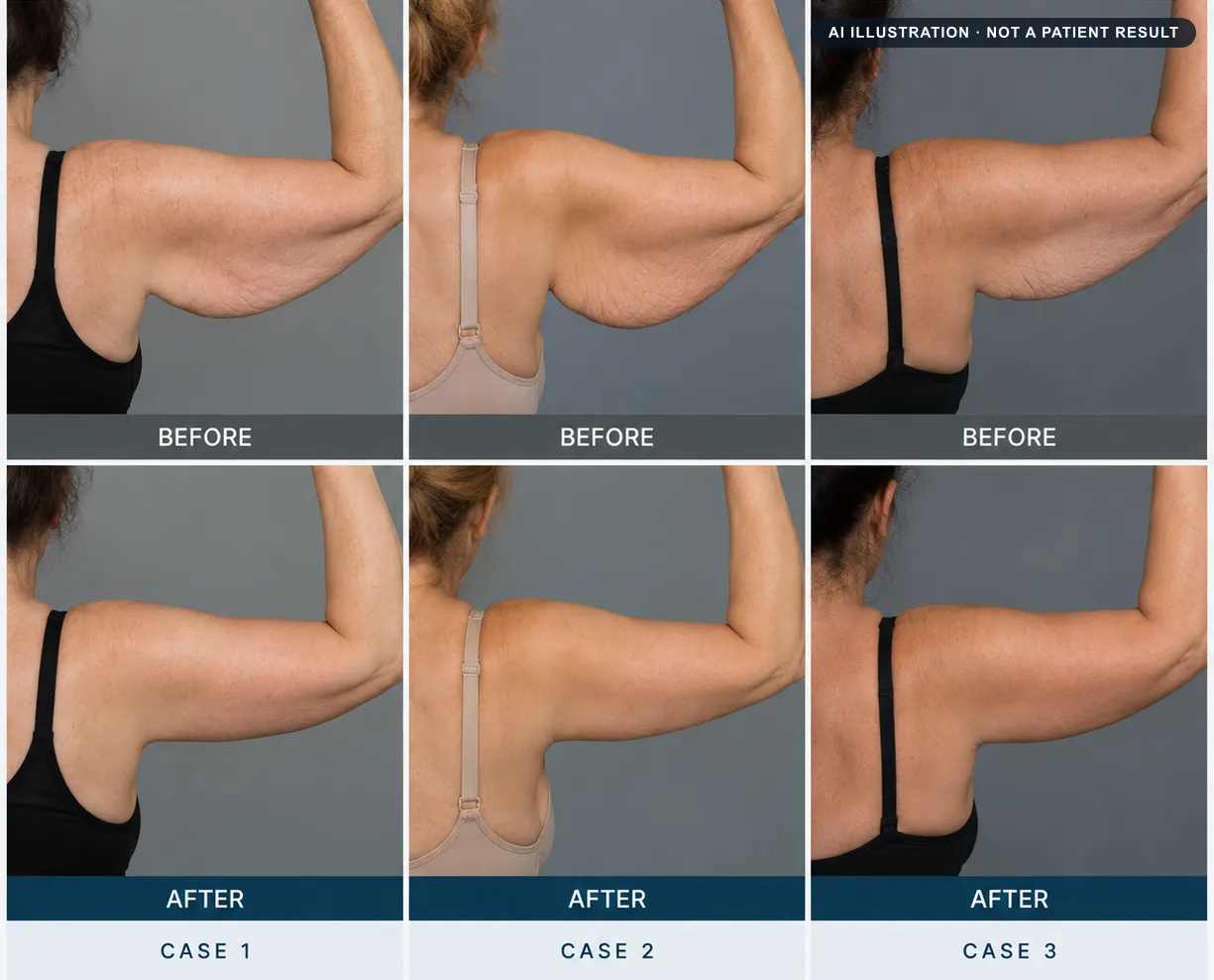 Arm lift: AI-generated illustration of a typical before and after, not a patient result