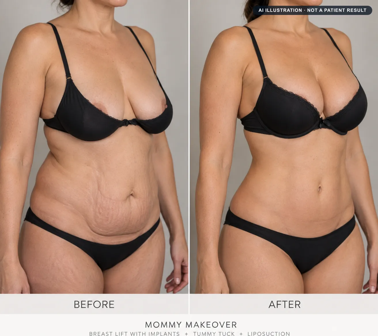 Mommy makeover: AI-generated illustration of a typical before and after, not a patient result