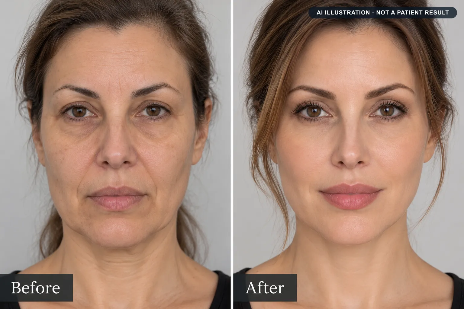 Facelift: AI-generated illustration of a typical before and after, not a patient result
