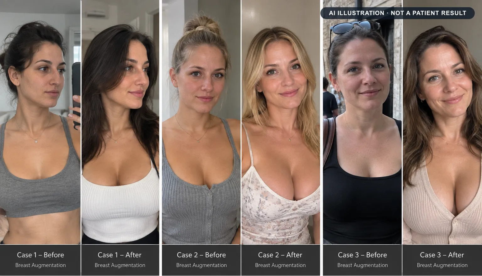 Breast augmentation: AI-generated illustration of a typical before and after, not a patient result