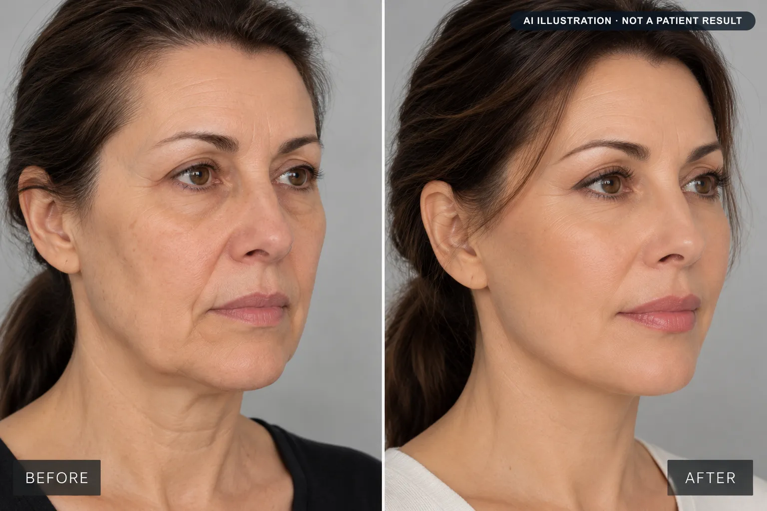 Facelift: AI-generated illustration of a typical before and after, not a patient result