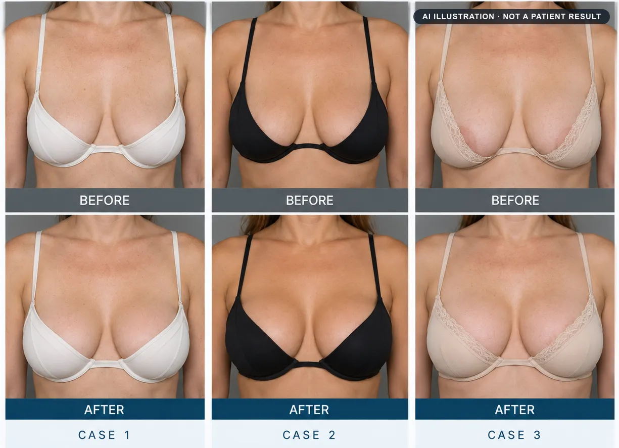 Breast lift: AI-generated illustration of a typical before and after, not a patient result