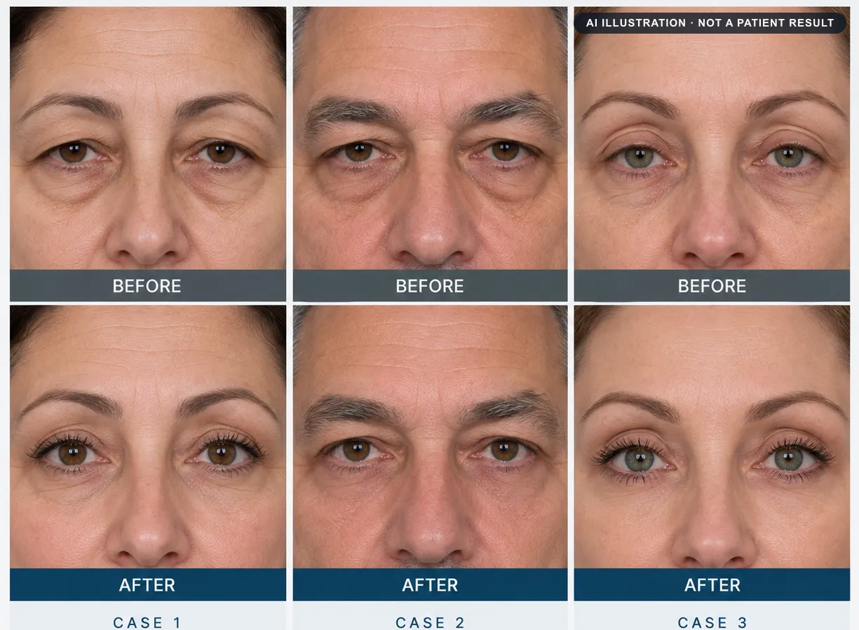 Blepharoplasty: AI-generated illustration of a typical before and after, not a patient result