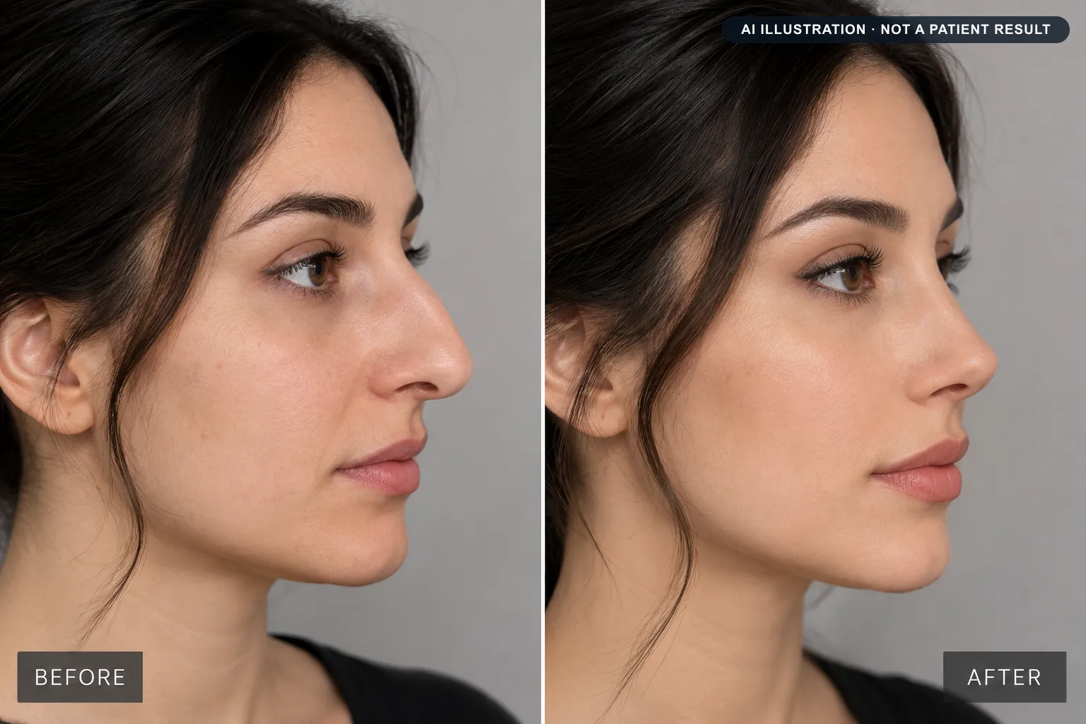 Rhinoplasty: AI-generated illustration of a typical before and after, not a patient result