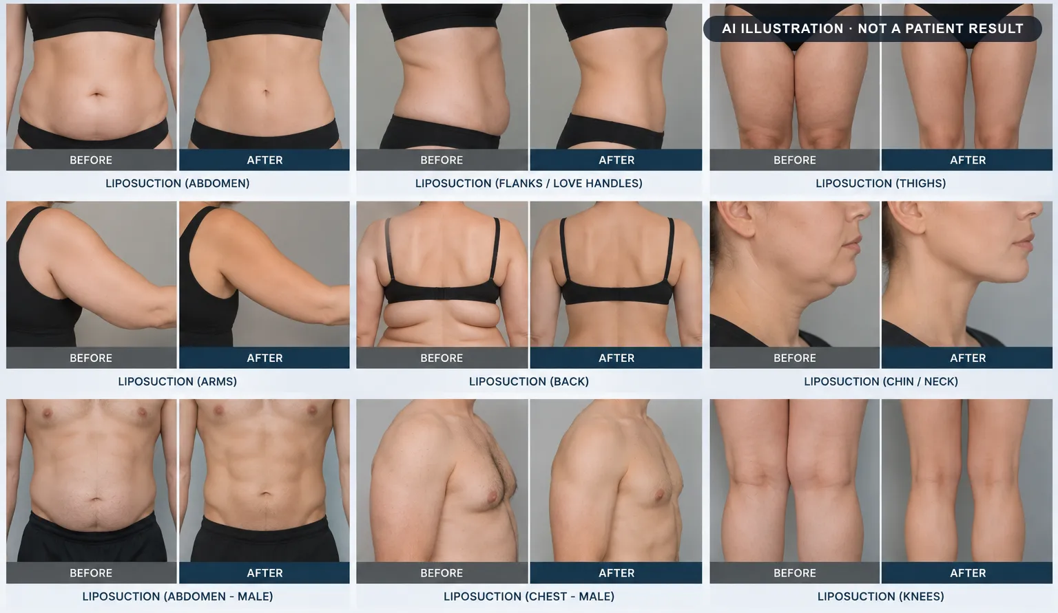 Liposuction: AI-generated illustration of a typical before and after, not a patient result