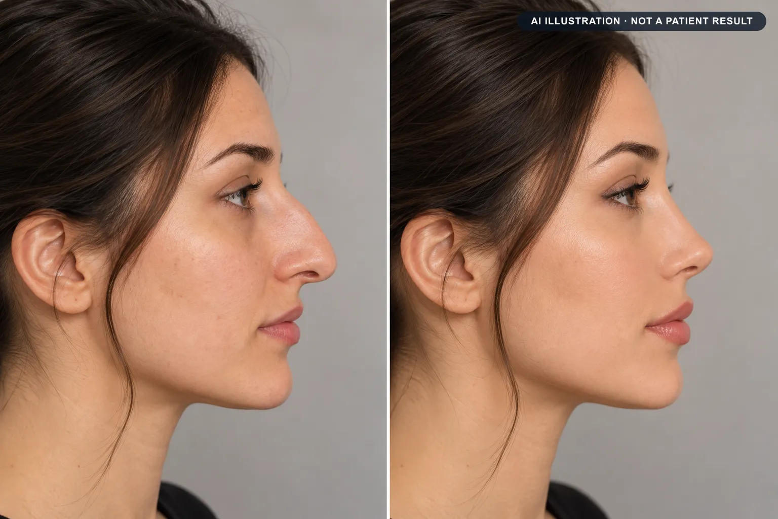 Rhinoplasty: AI-generated illustration of a typical before and after, not a patient result