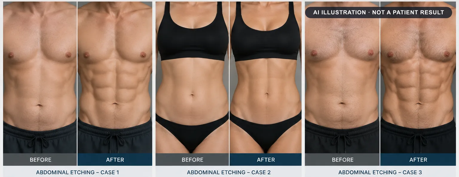 Abdominal etching: AI-generated illustration of a typical before and after, not a patient result