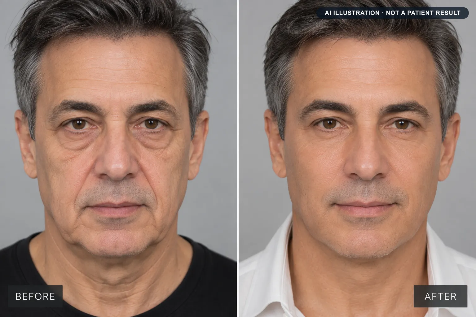 Male facelift: AI-generated illustration of a typical before and after, not a patient result