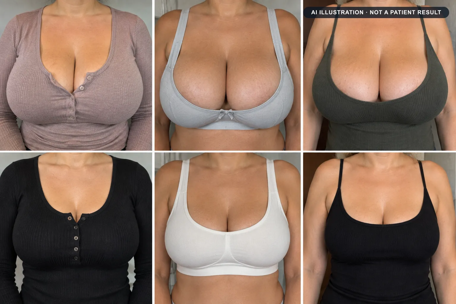 Breast augmentation: AI-generated illustration of a typical before and after, not a patient result