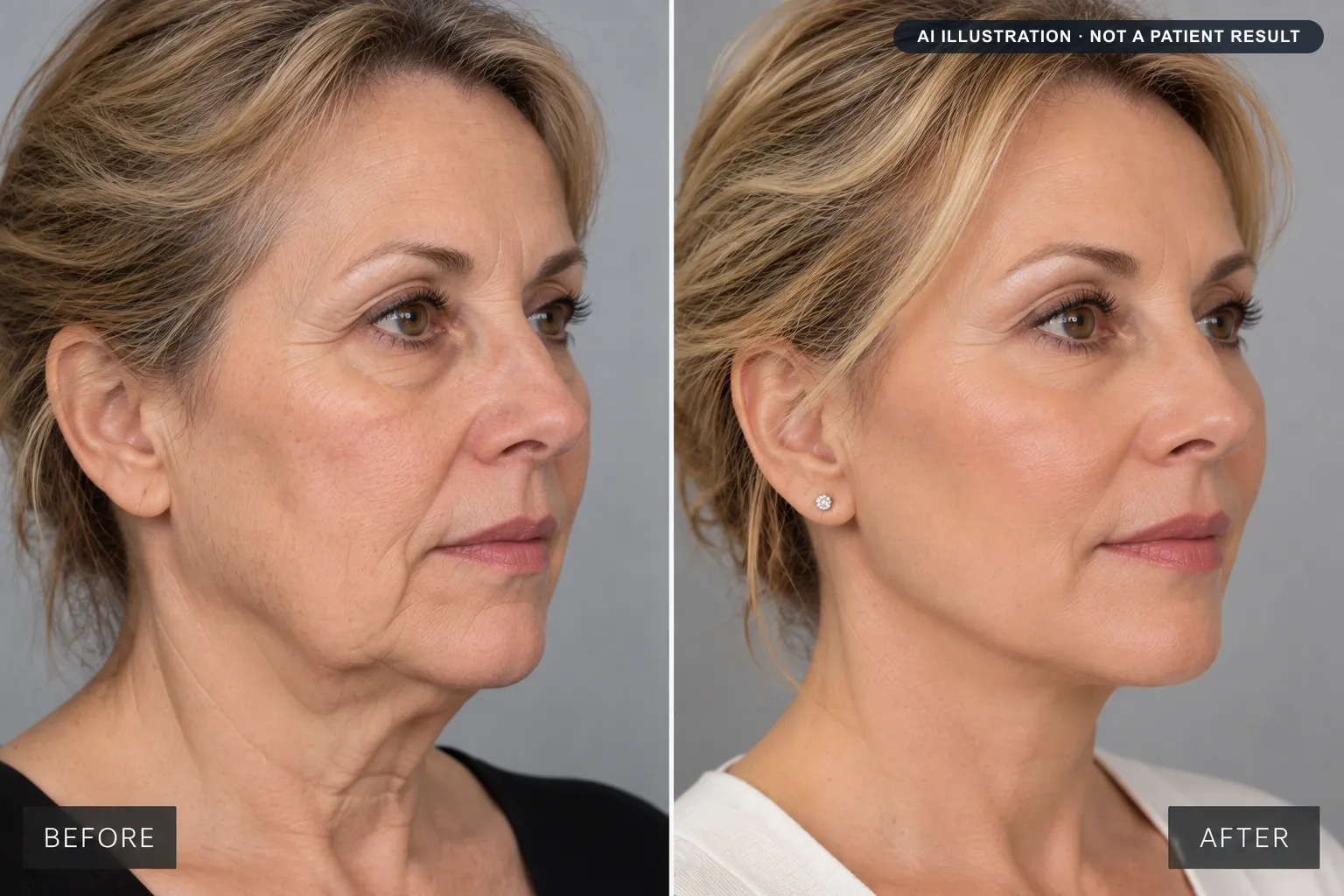 Facelift: AI-generated illustration of a typical before and after, not a patient result