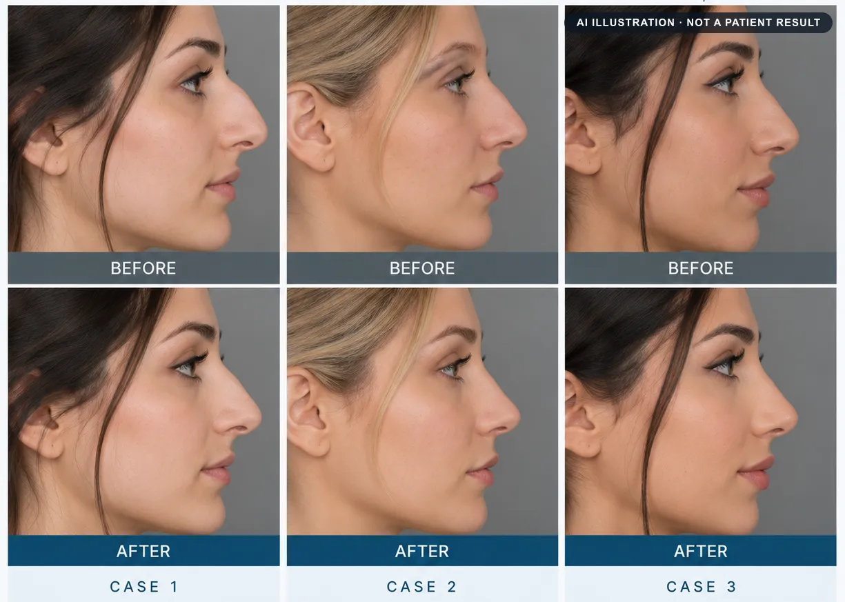 Rhinoplasty: AI-generated illustration of a typical before and after, not a patient result