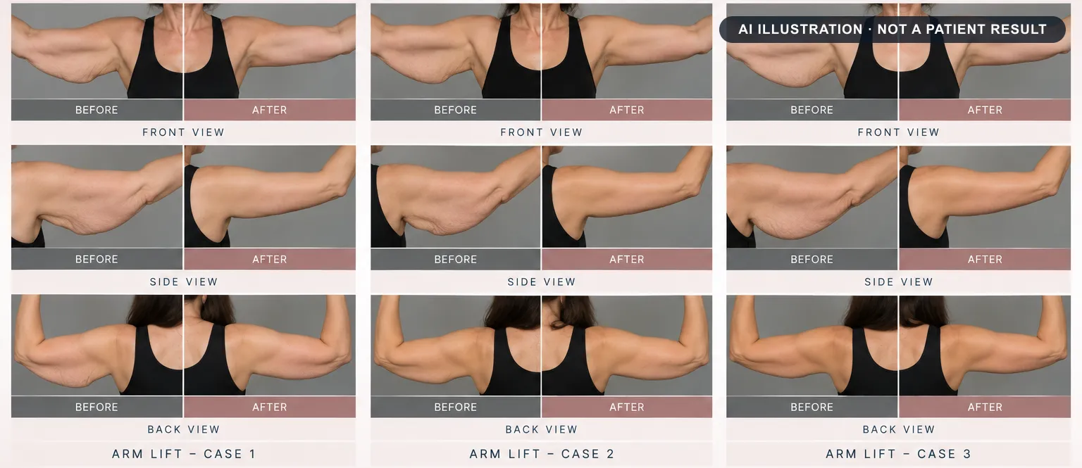 Arm lift: AI-generated illustration of a typical before and after, not a patient result
